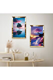 GOLD AYNALI PLEKSİ ÇERÇEVELİ DENİZDE MODERN AĞAÇ MANZARASI İKİLİ MDF TABLO SETİ