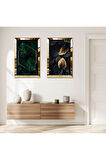GOLD AYNALI PLEKSİ ÇERÇEVELİ YEŞİL YAPRAKLAR İKİLİ MDF TABLO SETİ