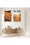 GOLD AYNALI PLEKSİ ÇERÇEVELİ TURUNCU MODERN ÇİÇEK BAHÇESİ İKİLİ MDF TABLO SETİ