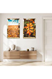 GOLD AYNALI PLEKSİ ÇERÇEVELİ TURUNCU ÇİÇEK BAHÇESİ İKİLİ MDF TABLO SETİ