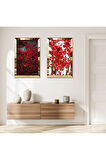 GOLD AYNALI PLEKSİ ÇERÇEVELİ MODERN KIRMIZI BİTKİLER İKİLİ MDF TABLO SETİ
