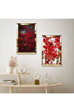 GOLD AYNALI PLEKSİ ÇERÇEVELİ MODERN KIRMIZI BİTKİLER İKİLİ MDF TABLO SETİ