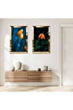 GOLD AYNALI PLEKSİ ÇERÇEVELİ TURUNCU SOYUT ÇİÇEKLER İKİLİ MDF TABLO SETİ