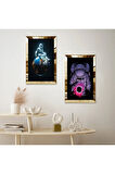 GOLD AYNALI PLEKSİ ÇERÇEVELİ ASTRONOT MODERN İKİLİ MDF TABLO SETİ