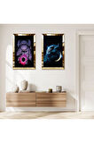 GOLD AYNALI PLEKSİ ÇERÇEVELİ ASTRONOT İKİLİ MDF TABLO SETİ