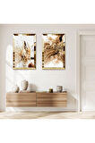 GOLD AYNALI PLEKSİ ÇERÇEVELİ KURUMUŞ ÇİÇEKLER İKİLİ MDF TABLO SETİ