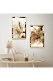 GOLD AYNALI PLEKSİ ÇERÇEVELİ KURUMUŞ ÇİÇEKLER İKİLİ MDF TABLO SETİ