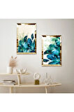 GOLD AYNALI PLEKSİ ÇERÇEVELİ SU YEŞİLİ BİTKİLER DEKORATİF İKİLİ MDF TABLO SETİ
