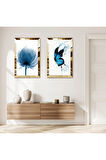 GOLD AYNALI PLEKSİ ÇERÇEVELİ BEYAZ ARKA PLANLI MAVİ ÇİÇEKLER DEKORATİF İKİLİ MDF TABLO SETİ