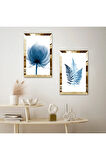GOLD AYNALI PLEKSİ ÇERÇEVELİ BEYAZ ARKA PLANLI MAVİ ÇİÇEKLER MODERN İKİLİ MDF TABLO SETİ
