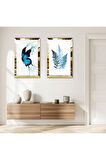 GOLD AYNALI PLEKSİ ÇERÇEVELİ BEYAZ ARKA PLANLI SOYUT MAVİ ÇİÇEKLER İKİLİ MDF TABLO SETİ