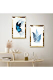 GOLD AYNALI PLEKSİ ÇERÇEVELİ BEYAZ ARKA PLANLI SOYUT MAVİ ÇİÇEKLER İKİLİ MDF TABLO SETİ