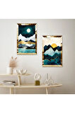 GOLD AYNALI PLEKSİ ÇERÇEVELİ GECE SOYUT DAĞ MANZARALI MODERN İKİLİ MDF TABLO SETİ