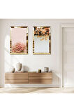 GOLD AYNALI PLEKSİ ÇERÇEVELİ PEMBE VE BEYAZ ÇİÇEKLER DEKORATİF İKİLİ MDF TABLO SETİ