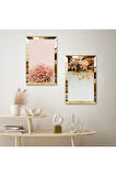 GOLD AYNALI PLEKSİ ÇERÇEVELİ PEMBE VE BEYAZ ÇİÇEKLER DEKORATİF İKİLİ MDF TABLO SETİ