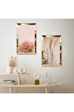 GOLD AYNALI PLEKSİ ÇERÇEVELİ PEMBE VE BEYAZ ÇİÇEKLER MODERN İKİLİ MDF TABLO SETİ
