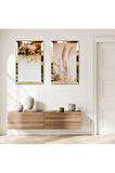 GOLD AYNALI PLEKSİ ÇERÇEVELİ PEMBE VE BEYAZ ÇİÇEKLER İKİLİ MDF TABLO SETİ