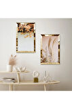 GOLD AYNALI PLEKSİ ÇERÇEVELİ PEMBE VE BEYAZ ÇİÇEKLER İKİLİ MDF TABLO SETİ