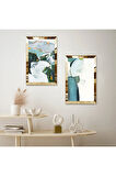 GOLD AYNALI PLEKSİ ÇERÇEVELİ SOYUT RENKLİ KAYA DESENKLERİ İKİLİ MDF TABLO SETİ