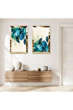 GOLD AYNALI PLEKSİ ÇERÇEVELİ SU YEŞİLİ SOYUT DESEN MODERN İKİLİ MDF TABLO SETİ