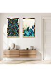 GOLD AYNALI PLEKSİ ÇERÇEVELİ SU YEŞİLİ VE SARI YAPRAKLAR İKİLİ MDF TABLO SETİ