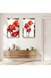 GOLD AYNALI PLEKSİ ÇERÇEVELİ BEYAZ ARKA PLANLI KIRMIZI ÇİÇEK İKİLİ MDF TABLO SETİ