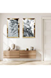 GOLD AYNALI PLEKSİ ÇERÇEVELİ GRİ SU DAMLALARI VE ÇİÇEKLER MODERN İKİLİ MDF TABLO SETİ