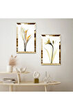 GOLD AYNALI PLEKSİ ÇERÇEVELİ BEYAZ ARKA PLANLI GOLD ÇİÇEKLER MODERN İKİLİ MDF TABLO SETİ