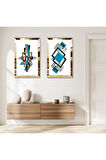 GOLD AYNALI PLEKSİ ÇERÇEVELİ BEYA ARKA PLANLI MAVİ SOYUT DESENLER DEKORATİF İKİLİ MDF TABLO SETİ