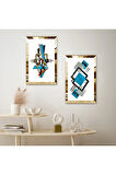GOLD AYNALI PLEKSİ ÇERÇEVELİ BEYA ARKA PLANLI MAVİ SOYUT DESENLER DEKORATİF İKİLİ MDF TABLO SETİ