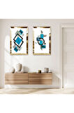 GOLD AYNALI PLEKSİ ÇERÇEVELİ BEYA ARKA PLANLI MAVİ SOYUT DESENLER İKİLİ MDF TABLO SETİ