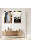 GOLD AYNALI PLEKSİ ÇERÇEVELİ RENKLİ SOYUT DESENLER DEKORATİF İKİLİ MDF TABLO SETİ