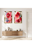 GOLD AYNALI PLEKSİ ÇERÇEVELİ KIRMIZI ÇİÇEKLER MODERN İKİLİ MDF TABLO SETİ