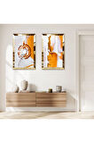 GOLD AYNALI PLEKSİ ÇERÇEVELİ BEYAZ ARKA PLANLI SOYUT TURUNCU DESENLER İKİLİ MDF TABLO SETİ