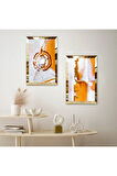 GOLD AYNALI PLEKSİ ÇERÇEVELİ BEYAZ ARKA PLANLI SOYUT TURUNCU DESENLER İKİLİ MDF TABLO SETİ