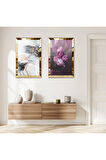 GOLD AYNALI PLEKSİ ÇERÇEVELİ MOR ÇİÇEKLER İKİLİ MDF TABLO SETİ