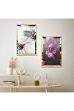 GOLD AYNALI PLEKSİ ÇERÇEVELİ MOR ÇİÇEKLER İKİLİ MDF TABLO SETİ