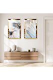 GOLD AYNALI PLEKSİ ÇERÇEVELİ BEYAZ ÇİÇEKLER İKİLİ MDF TABLO SETİ