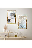 GOLD AYNALI PLEKSİ ÇERÇEVELİ BEYAZ ÇİÇEKLER İKİLİ MDF TABLO SETİ
