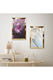 GOLD AYNALI PLEKSİ ÇERÇEVELİ MOR BEYAZ ÇİÇEKLER İKİLİ MDF TABLO SETİ