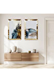 GOLD AYNALI PLEKSİ ÇERÇEVELİ MAVİ TONLARI SOYUT DESENLER DEKORATİF İKİLİ MDF TABLO SETİ
