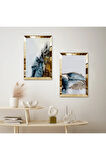 GOLD AYNALI PLEKSİ ÇERÇEVELİ MAVİ TONLARI SOYUT DESENLER DEKORATİF İKİLİ MDF TABLO SETİ