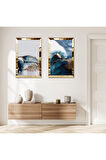 GOLD AYNALI PLEKSİ ÇERÇEVELİ MAVİ TONLARI SOYUT DESENLER İKİLİ MDF TABLO SETİ