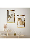GOLD AYNALI PLEKSİ ÇERÇEVELİ KREM RENGİ SOYUT ŞEKİLLER DEKORATİF İKİLİ MDF TABLO SETİ