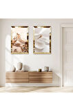 GOLD AYNALI PLEKSİ ÇERÇEVELİ BEYAZ SOYUT İKİLİ MDF TABLO SETİ