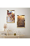 GOLD AYNALI PLEKSİ ÇERÇEVELİ SOYUT DEKORATİF ÇİÇEKLER İKİLİ MDF TABLO SETİ