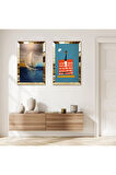 GOLD AYNALI PLEKSİ ÇERÇEVELİ DENİZDE KAYIK DEKORATİF İKİLİ MDF TABLO SETİ