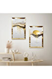 GOLD AYNALI PLEKSİ ÇERÇEVELİ BEYAZ SOYUT DAĞ MANZARALI İKİLİ MDF TABLO SETİ