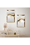 GOLD AYNALI PLEKSİ ÇERÇEVELİ BEYAZ SOYUT DAĞ MANZARALI DEKORATİF İKİLİ MDF TABLO SETİ