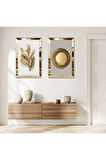 GOLD AYNALI PLEKSİ ÇERÇEVELİ GOLD KURUTULMUŞ ÇİÇEK MODERN İKİLİ MDF TABLO SETİ